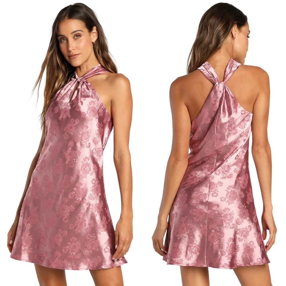 Lulus Got the Key Mauve Satin Floral Jacquard Halter Mini Dress CJD109045 S